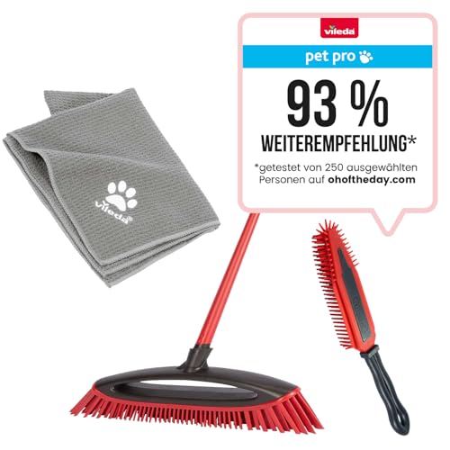 Vileda Pet Pro Komplettset, Box mit Always Clean Besen, elektrostatischer Polsterbürste und Mikrofaser Handtuch XL, Tierhaare Reinigung, Haustier abtrocknen, für jede Oberfläch, Eco-Verpackung