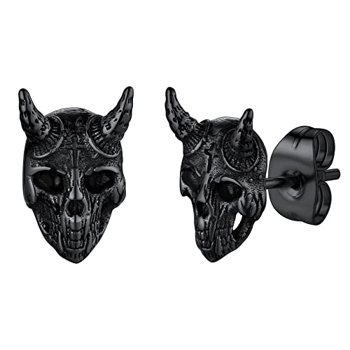 FaithHeart Black Satan Stud Earrings for Men Baphomet/Skull/Leviathan/Lucifer Earrings Stainless Steel Lightweight Earrings Gothic Punk Satanic Jewelry