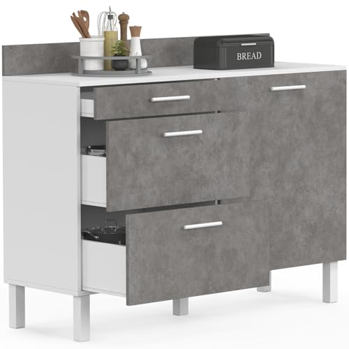 IDMarket - Buffet Bas casserolier de Cuisine 120 cm CINA Plan de Travail H.83 cm 1 Porte + 3 tiroirs Blanc et Effet béton
