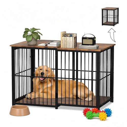 Erinnyees 45.6" Adjustable Dog Crate Furniture, Retractable Wooden Dog Kennel 24"/45.6" for Small Medium Large Dogs, Heavy Duty Indoor Dog Cage End Table with Cushion, Dark Brown