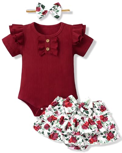 HONGTEYA Infant Baby Girl Clothes Newborn Summer Outfits Cute Romper Shorts Set Floral Girl Clothes with Headband (Red-Rose 0-3 Months)