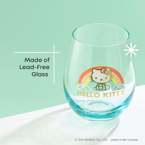 JoyJolt Hello Kitty Sweet Rainbow Set of 4 19 oz Glass Tumblers, Kawaii Kitchen Glassware Sets, Sanrio Hello Kitty Product, Teardrop Glasses for Water, Juice, Coffee, Iced Tea