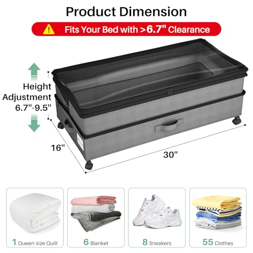Image of Kitstorack 4 Pack Height-adjustable Under Bed Storage with Wheels, Under Bed Storage Containers,Under Bed Shoe Storage Organizer with Clear Window&Label, Suitable for Clothes Storage, Gray