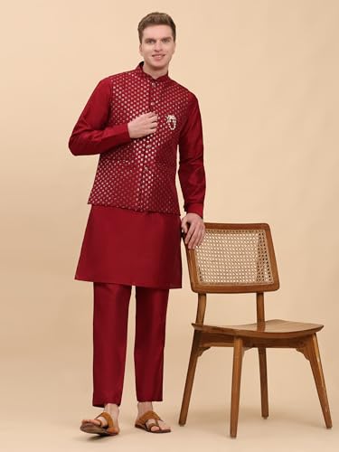 Mens Indian Traditional Silk Kurta Set With Jacket For Men Floral Design (C-114)3