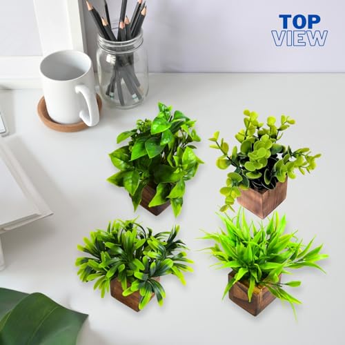Decorebugs Artificial Potted Plants in Wooden Pot (4 Pack) Eucalyptus Plants Small Plants for Home Decor | Office Decor |DB-8149