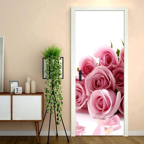 Pegatinas Puerta 3D Rosa Rosada Pegatinas para Puertas de Tema Romántico Vinilo Decorativo Pegatina Pared Mural para Puerta Autoadhesivas Papel Pintado Puerta 80x200 cm B-4486