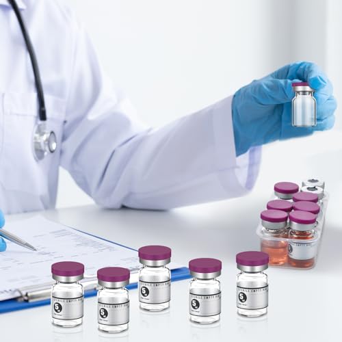 20 Pcs 5ml Sealed Sterile Empty Vials with Self Healing Injection Port Glass Penicillin Bottle with 20 Label Stickers(Purple)