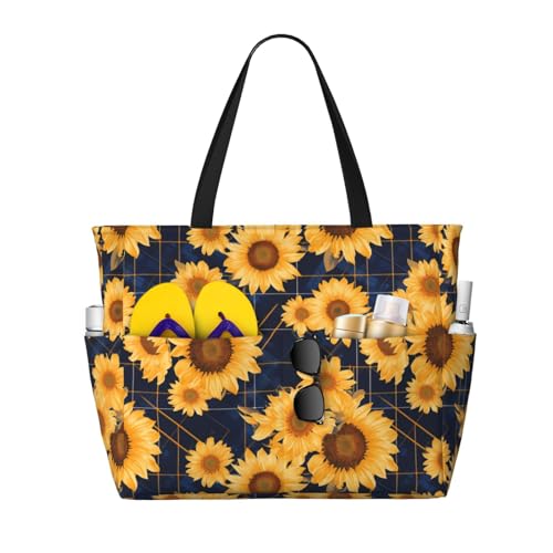 Navy Blue Plaid Sunflower Large Beach Bag Waterproof Sandproof Swim Tote Pool Bag For Women With Zipper