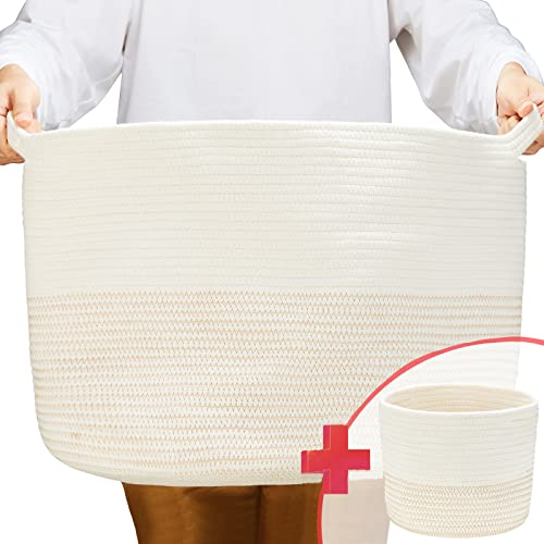 Turnextte XXXLarge Cotton Rope Basket for Storage with Small Basket, 22inx 22inx14in Rope Basket for Blankets Laundry Basket, Woven Basket for Living Room, Blanket Basket, Towel Basket, Toy Basket,Brown