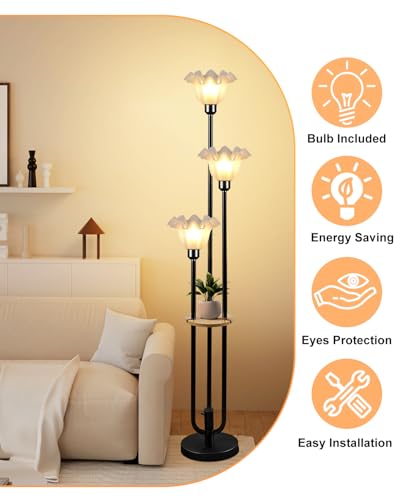 Image of Lightdot Flower Floor Lamp for Living Room Dimmable Vintage Floor Lamp with Shelf & Bulbs Included Mid Century Black Floral Standing Tall Lamp with 5Lbs Heavy Base for Bedroom /Sofa Beside /Corner Decor