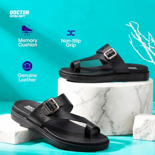 Image of DOCTOR EXTRA SOFT Men's Classic Casual Original Leather Thong Black /Brown Sandals /Chappals with Memory Foam Cushion| Stylish & Non-Slip|Comfortable | Lightweight |Flip flops Slippers Gents & Boys F-1