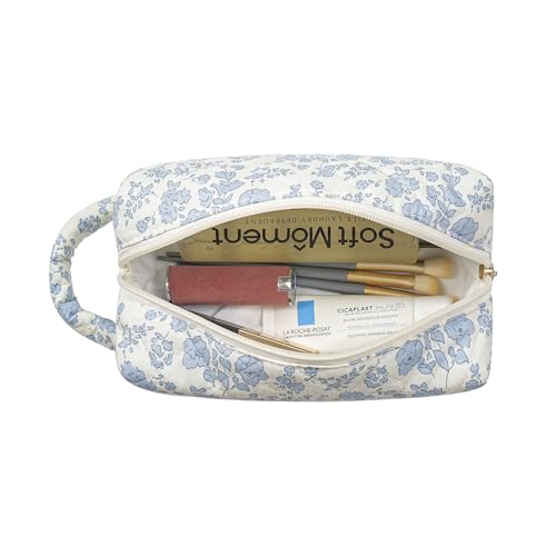 Gleyemor Cute Small Quilted Makeup Bag for Women, Floral Cotton Cosmetic Bag, Toiletry Pouch Travel Essentials Christmas Gifts (Blue Floral)2