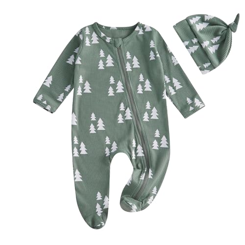Image of Licupiee Newborn Girl Boy Footie Rompers Christmas Tree Print Fall Outfits Waffle Long Sleeve Zip Up Footed Jumpsuit with Hat (Green White, Newborn)