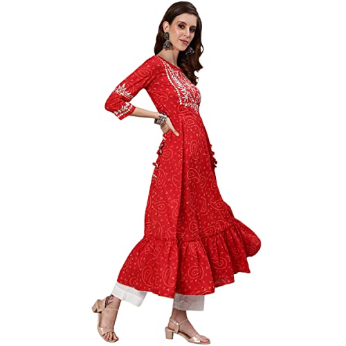 Image of ishin Women's Cotton Red Yoke Design Embroidered Anarkali Tiered Kurta