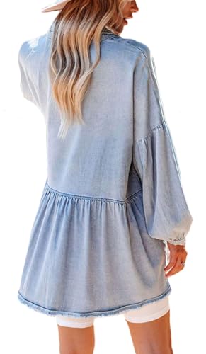 Image of loveimgs Women Oversized Distressed Denim Button Down Shirt Tunic Dress Flowy Mini Jean Dress with Pockets