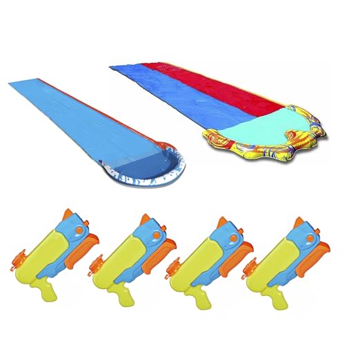 BANZAI Outdoor Slide Party Pack – 1 Single- Rasen-Wasserrutsche & 1 Duo-Rasen-Wasserutsche & 4 Wasserblaster kompatibel mit NERF Super Soaker Wave Spray