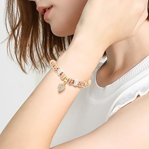 Gold Beads Bracelets Rhinestone Heart Charm Bracelet Luxury Adjustable Bangle for Women4