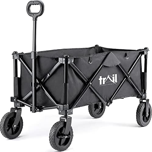 Trail Folding Camping Festival Trolley 80kg Capacity, Beach Picnic Garden Wagon, Heavy Duty, Big Wheels, Adjustable Handle, Reinforced Base, Protective Cover (Black)