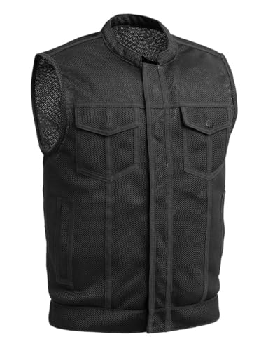 First Mfg Co Sharp Shooter Men's Motorcycle leather Vest - Classic Bike Riding Vest - Banded Collar, Covered Snaps, Conceal Carry Pockets YKK Zippers (Black-XL)
