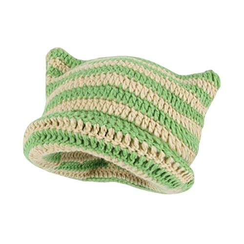 Nutrigrub Crochet Hats for Women Cute Cat Ears Beanie Vintage Beanies Women Fox Hat Grunge Accessories Slouchy Knitted Beanies (Green+Beige)