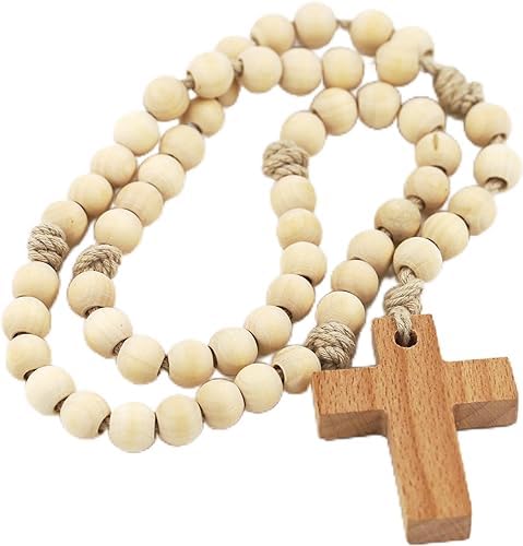 LYFOOHEART Handmade 100% Natural Wooden Rosary Beads (Large Beads 0.48) Catholic Large Rosary for Pray Religious Rosary Decoration Gift for Mom Girl Grandmother