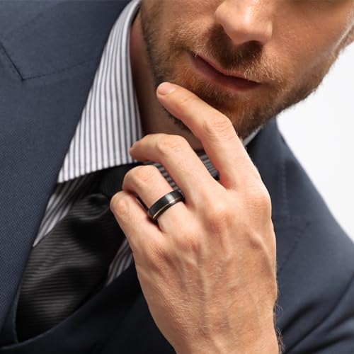 TRUMIUM 8mm 24K Gold Plated Tungsten Carbide Rings Black Mens Wedding Band Groove Center Ring Beveled Edges Comfort Fit Size 7-144