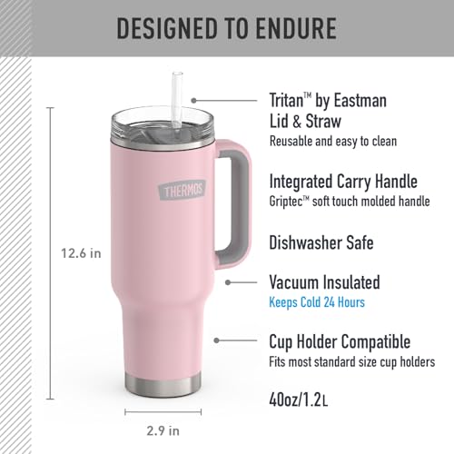 Image of THERMOS Stainless Steel Cup Holder Mug - 40 Ounce, Sunset Pink - Insulated Tumbler with Lid and Straw, Plus Leak-Resistant Slide Lock