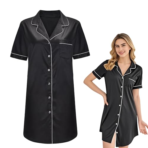 SAIIURV Pijama de Mujer de Manga Corta, Manga Corta Cuello en V Ropa Dormir Suave Camisóns, Clásico Estilo Novio Camisón, Camisón Mujer para Lactancia Premamá Maternidad (Negro, Talla única)