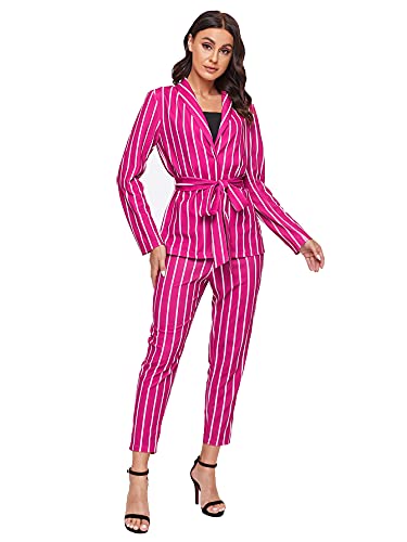 Shein Women's Two Piece Plaid Open Front Long Sleeve Blazer And Elastic Waist Pant Set Suit Hot Pink Striped Medium #TOP2