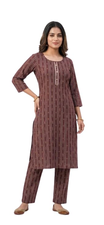 Image of Women Cotton Blend Kurti Pant Set for Women Ethnic Printed Straight Kurta with Pants Co Ord Set Casual Office Wear Traditional Kurta Set Blue 3 /4 Sleeve Round Neck
