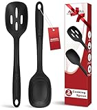 2 Pack Large Silicone Cooking Spoon with Measuring Mark, Premium Non-Stick Solid and Slotted Serving Spoons Set, Heat Resistant Kitchen Utensils for Mixing, Stirring, Scooping, Scraping