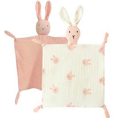Image of PEIPEIWU Organic Cotton Muslin Lovey Blanket, Organic Cotton Muslin Bunny Security Blanket Soft & Breathable Lovie Baby Gifts for Boys and Girls