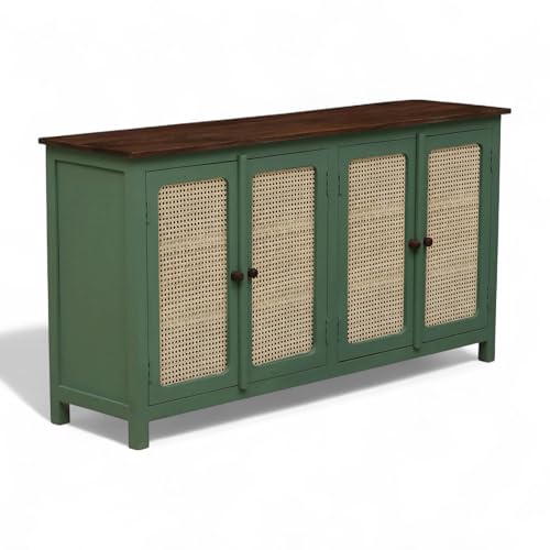 Image of Madrid 4-Door Cane Sideboard Solid Wood Cabinet in Olive Green & Off-White with Scratch-Resistant Top | Ideal for Crockery & Kitchen Storage