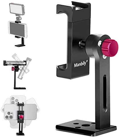 Manbily Metal Phone Tripod Mount w Cold Shoe Aluminum Smartphone Tripod Adapter 360° Cell Phone Stand Holder Clip Clamp for iPhone Samsung Video Live Vlog