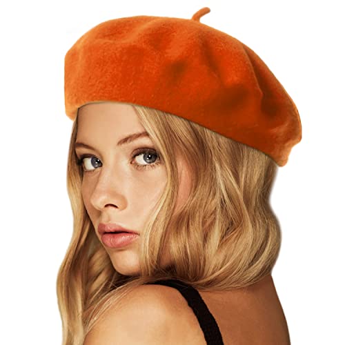 Wheebo Wool Beret Hat,Solid Color French Style Winter Warm Cap for Women Girls Lady (Tangerine)
