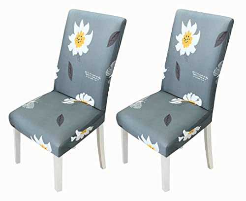 Image of House of Quirk Elastic Chair Cover Stretch Removable Washable Short Dining Chair Cover Protector Seat Slipcover (Pack of 2, Grey Jasmin)