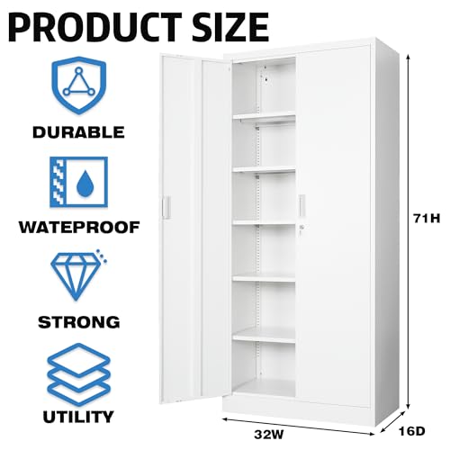 Steel SnapIt Cabinet, 71 Inch Metal Storage Cabinet with Locking Doors and 5 Adjustable Shelves, Garage Cabinet, Tool Cabinets for Office and Home Use (White)