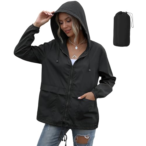 Image of JiaYouLC Womens Lightweight Waterproof Jackets Packable Raincoat With Hoodie Waterproof Running Rain Jacket for Outdoor Walking Hiking (UK, Alpha, S, Regular, Regular, Black)