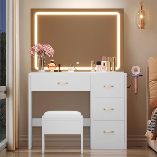 image for DWVO Makeup Vanity with Lighted Mirror, Vanity Desk with Power Strip, 