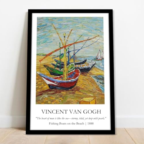 Image of Waltractive Vincent Van Gogh Paintings Framed Poster with Beautiful Quotes - Available in 33x22 and 48x33 CM - Classic Art Poster with sleek Black Frame - Elegant Home and Office Decor (Fishing Boats on the Beach, 13x19 Inch, Framed)