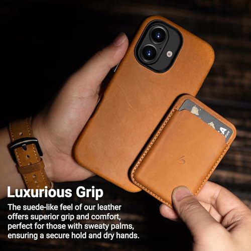 Belemay Compatible with iPhone 16 Plus Leather Case, Compatible with Magsafe, Premium Crazy Horse Leather [Vintage Aesthetic] Comfort Grip, Metal Buttons & Camera Bump Frame, (6.7") Tan Brown