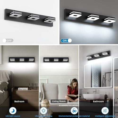7Degobii Modern LED Bathroom Vanity Light Dimmable Matte Black 3-Light Fixture 18W 24" Wall Light Day Light 5500K 110V AC — view 5