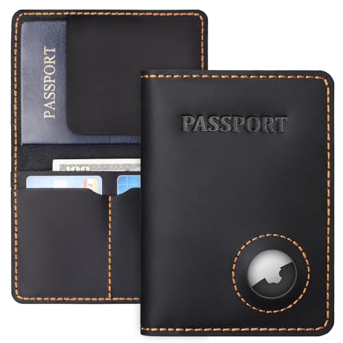 Full Grain Leather Passport Holder with Airtag Slot, Mens Air tag Travel Passort Wallet and Cover for Women PA1006-BLACK