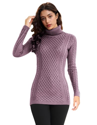 Image of v28 Women's Cotton Turtle Cowl Neck Aran Fishermen Fair Isle Cable Knit Sweater