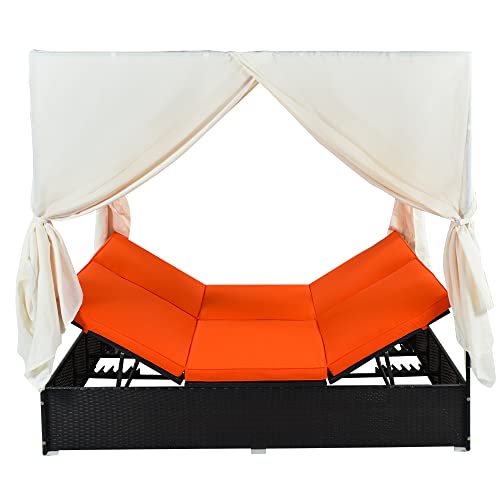 Lostcat Outdoor Patio Wicker Sunbed Daybed With Four-Sided Canopy, Cushions And Overhead Curtains, Adjustable Seats For Beach, Poolside, Deck (Orange) #TOP6