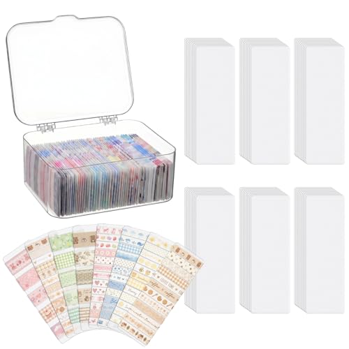 Crtiin 80 Pcs Washi Tape Organizer Cards with Storage Box Semi Translucent Plastic Tape Holder Dispenser Board with Arc Corners for Scrapbooking Art Crafts Travel Journal Display