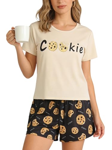 Image of VENTELAN Pajama Set For Women Cute PJS Summer Short Sleeve Shorts Sleepwear