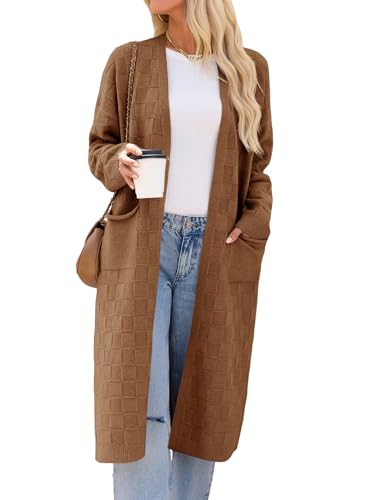 Saodimallsu Womens Long Casrdigan Sweaters 2025 Oversized Open Front Checkerked Sweater Trendy Knit Jacket with Pockets2