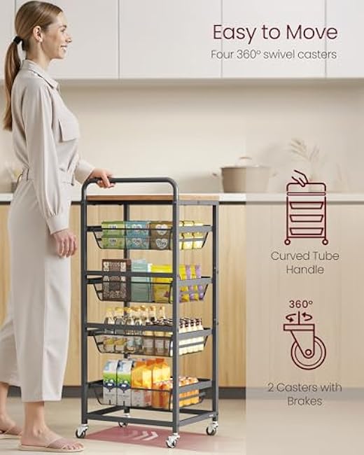 VASAGLE Storage Cart with Pull-Out Baskets, 5-Tier Kitchen Cart with Wheels, Handle, 12.5 x 15.8 x 37.4 Inches, Rustic Brown and Ink Black ULRC041K01-wKVpnVPE