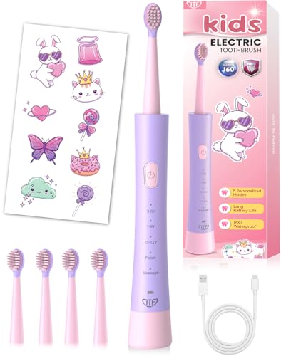 JTF Rechargeable Electric Toothbrush for Kids: 5 Gentle Modes for Ages 3+ Safe & Effective for Sensitive Teeth - with Fun DIY Stickers 4 Soft Brush Heads Children Sonic Toothbrush for Home & School